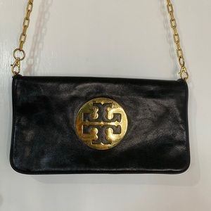 Tory Burch Black Leather Clutch with Gold Hardware